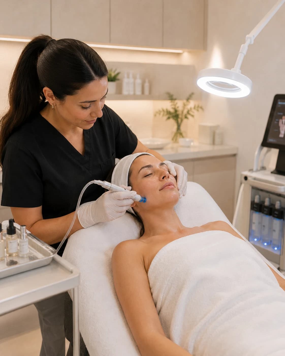 A licensed medical aesthetician performing a facial treatment on a patient in our Aventura clinic