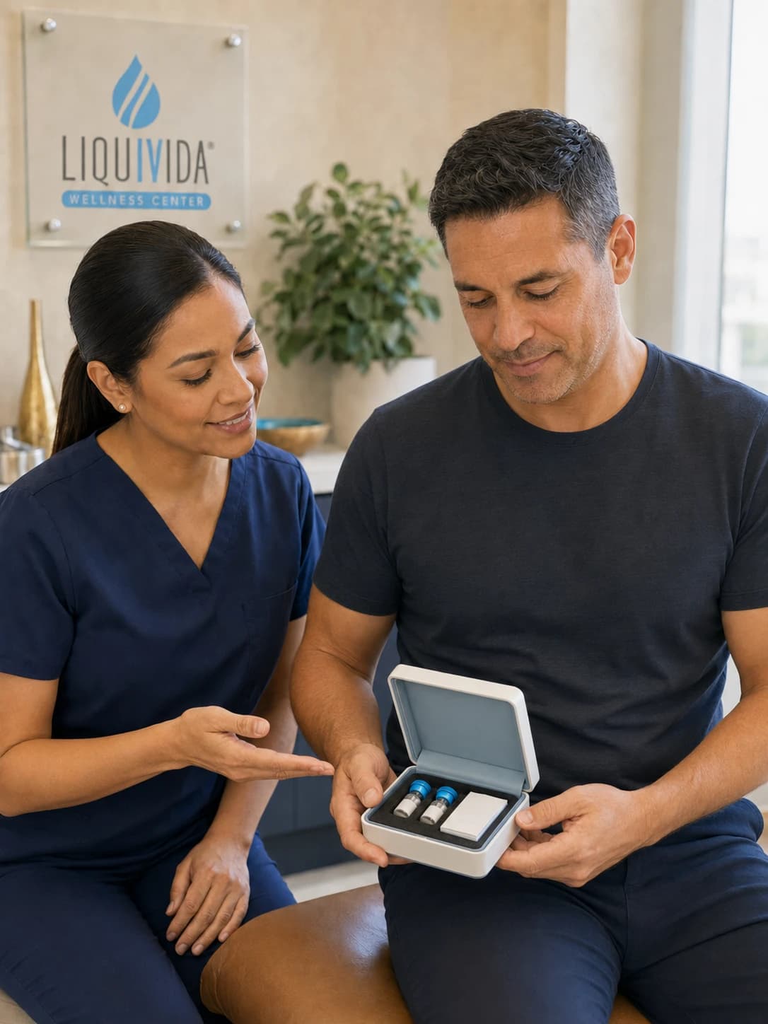 A Liquivida medical team member presenting a peptide vial kit to a patient in our Aventura clinic