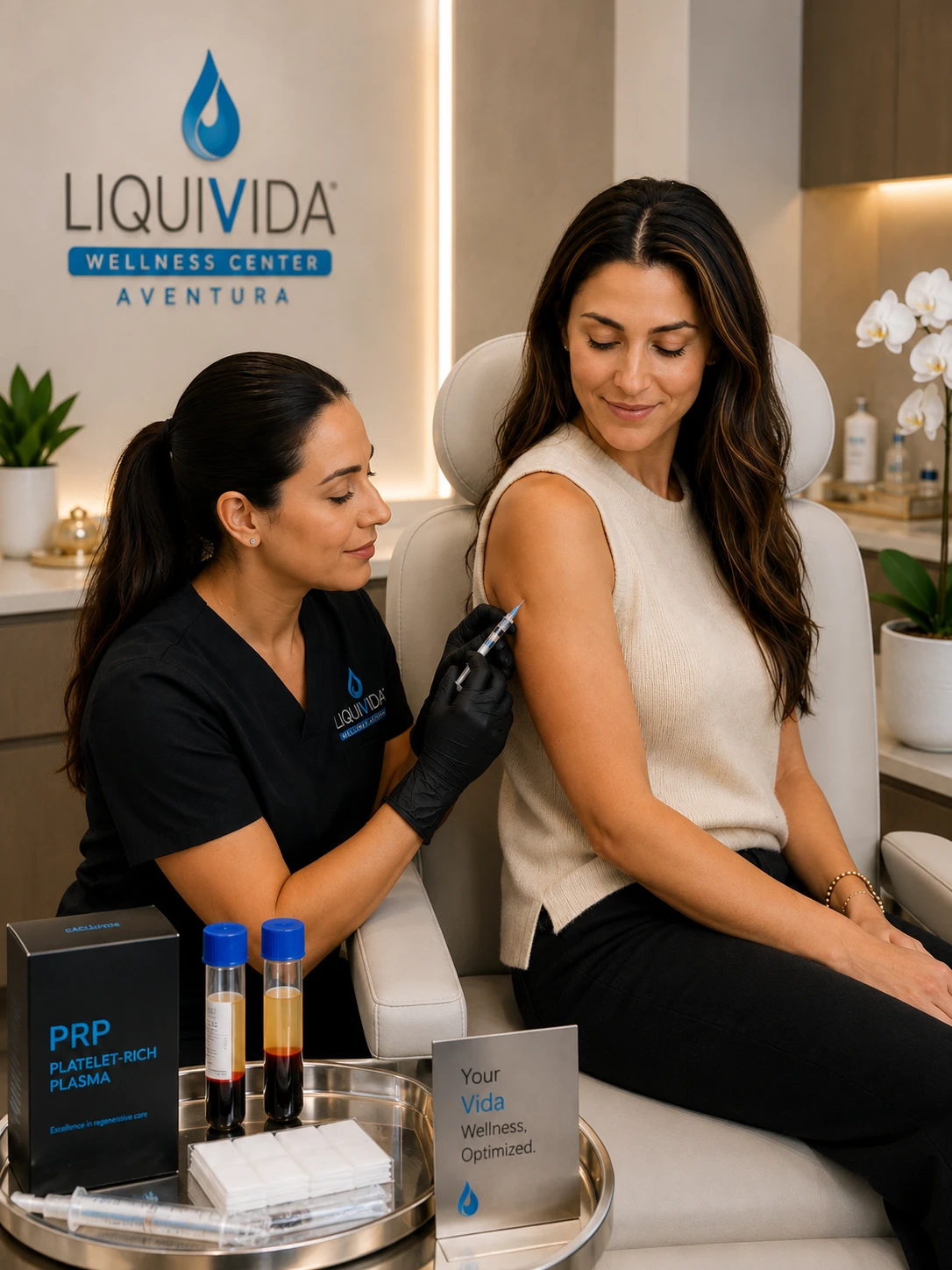 A Liquivida medical team member administering an intramuscular shot to a patient in our Aventura clinic